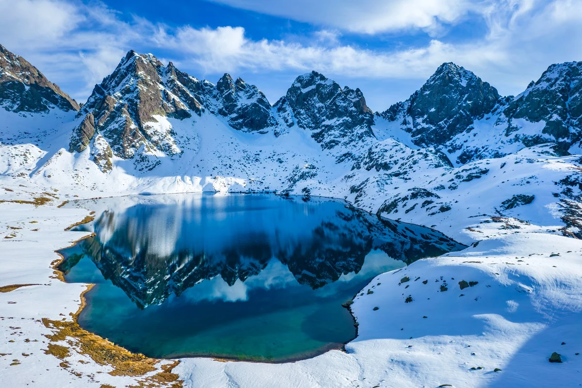 Koruldi Lakes reflecting snow-capped Caucasus peaks, Svaneti, Georgia
